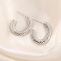 Minimalist silver stainless steel C-shape stud earrings with textured scale pattern - C-Shape Honeycomb Textured Earrings 0225