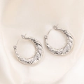 Pair of silver stainless steel hoop earrings with vintage scroll pattern relief - Vintage Floral Engraved Hoop Earrings 0228