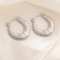 Silver croissant hoop earrings with ribbed texture and horseshoe clasp on silk - Twisted Wave Pattern Hoop Earrings 0229