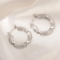 Polished silver stainless steel hoop earrings with bamboo texture and cross motifs - Multi-Textured Minimalist Earrings 0234