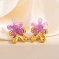 Boucles d'oreilles fleurs en résine marbrée violette avec base en acier inoxydable doré - Bordure Dorée Fleur Violette Clou (1881)