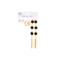 Parure de trois paires de boucles d'oreilles en acier avec fleurs noires et pompons or - Boucles d'Oreilles Gland Fleur Noir 0889