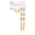 Ensemble de 3 paires de boucles d'oreilles en acier doré avec zircons, anneaux et pompons - Ensemble Boucles d'Oreilles Gland Carré 0890