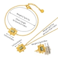 Detailed view of gold stainless steel jewelry set with green stones and dimensions - Jewelry Set 05