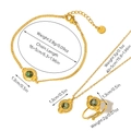 Detailed view of stainless steel jewelry set featuring green stone insets and measurements - Jewelry Set 11