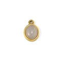 Detail of an oval gold pendant featuring a translucent grey gemstone with top hanging loop - Milky White (Pendant 02)