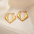 Elegant gold titanium steel twisted hoop earrings with a polished geometric diamond design - Rhombus Hoop Earrings 0164