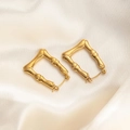 Elegant gold titanium steel rectangular earrings with textured bamboo design and latch back - Square Bamboo Earrings 0193