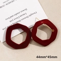 Close-up of red flocked irregular earrings with 44mm size detail and gold metal stud - Pentagon (1pc, No. 8)