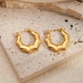 Golden titanium steel hoop earrings with textured bamboo pattern for women - Octagonal Textured Earrings 0248