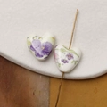 Macro detail of heart-shaped ceramic beads with hand-painted floral patterns and drill holes - Purple & Pink Pastoral Floral Style (Pattern 9) / 1 Piece