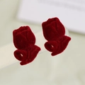 Elegantes pendientes de tulipa rojo vino con acabado vintage de resina flocada - Flor de Doble Cara (Una Pieza)