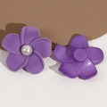 Macro shot of purple flocked flower charm showing front pearl detail and back mount base - Purple