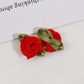 Handmade red fabric ribbon roses with green leaves for DIY clothing and hair accessories - Red