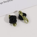 Handmade black satin ribbon rose with green leaves for DIY clothing accessories - Black