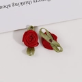 Handmade red ribbon rose flowers with green leaves for DIY clothing and hair accessories - Dark Red