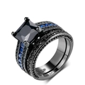 Fashionable black gold-plated dual ring set with square black stone and blue zircon accents - US 10 / Black Gold Black Stone and Blue Spinel