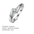 Platinum plated copper ring featuring a 4mm round zircon and twisted pave band - 6 / 4mm Twisted Cross Pave Style (R504)