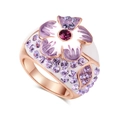 Eleganter roségoldener Blumenring mit lila Emaille-Blütenblättern und Zirkon-Steinen - US 6 / Roségold & Lila Stein