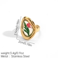 Detail showing dimensions of golden stainless steel ring with red dried flower insert - Oval Red Dried Flower (JDR256172-2)