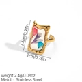 Detail of square stainless steel ring featuring real dried flowers and dimensions - Wavy Rectangle Multicolor Dried Flowers (JDR256172-4)