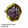 Gold stainless steel ring featuring real purple dried flowers in a square resin setting - Irregular Frame Purple Dried Flower (JDR256172-9)