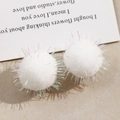 Close-up of fluffy white plush balls with iridescent tinsel for DIY jewelry making - 25mm / White
