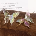 Transparenter Schmetterling-Anhänger in AB-Farbe mit goldener Nadel auf dunklem Holz - Kleiner Transparenter Irisierender Schmetterling