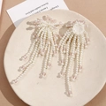 Detail of long fringe earrings with white pearls and pink faceted beads on ceramic plate - Pink Tassel Style (A02-8-1) / Pink