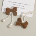 Orecchini a nappa con fiocco floccato marrone e perle in elegante stile retrò francese - Caffè Scuro