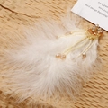 Macro view of beige feather accessory with amber crystal beads and tassel detail - Brown