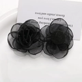 Detail view of handmade black mesh rose brooch with layered petals and felt base backing - Black