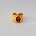 Adjustable gold stainless steel ring with oval brown gemstone and radial pattern - Oval Sun Pattern Style (70)