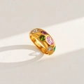 Chic 18k gold plated dome ring featuring colorful zircon stones in a wide band design - Multi-Color Gemstone Dome Style (460)