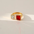 Golden adjustable open ring featuring emerald-cut red and clear zircon stones - Red and White Dual Stone Style (320)
