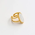 Detalle de anillo de acero inoxidable dorado con incrustación de concha y triple banda - Estilo Nácar Texturizada Ovalada Paralela Tres Capas