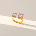 Adjustable gold open ring with rectangle cut pink and white zirconia stones - Pink and White Dual Stone Style (323)