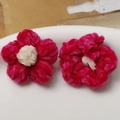 Detail of handcrafted pink and white plush puff flowers for DIY jewelry making - Rose Red White Core