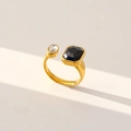 Adjustable gold ring featuring rectangular black and oval clear crystals on a smooth band - Black & White Double Stone Style (328)