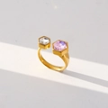 Fashion gold open ring featuring hexagonal purple crystal and clear zircon stone - Purple & White Double Stone Style (329)