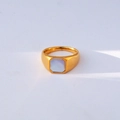Anillo de sello dorado de acero inoxidable con nácar blanco octogonal - Anillo de Sello Octágono Perla Artificial (454)