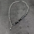Hip hop star cross necklace with asymmetric silver curb chain and black crackle beads - Silver