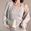 Three-piece cream ribbed knit set with cardigan, v-neck vest and skirt for women - Gold Long