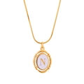 Gold oval pendant necklace with letter N and purple enamel on a sleek snake chain - Letter N