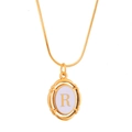 Gold oval letter R pendant necklace with purple enamel background and snake chain - Letter R