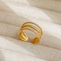 Anillo ajustable de triple capa en acero inoxidable dorado con detalles texturizados - Abierto Ajustable / Estilo Estructura Compuesta de Tres Capas (5) / Dorado