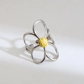Two-tone stainless steel open ring with hollow flower design and golden textured center - Two-tone Four-Petal Flower Style (315) / Color Block