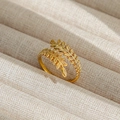 Anillo abierto ajustable de acero inoxidable dorado con diseño vintage de doble pluma - Abierto Ajustable / Estilo Envolvente de Doble Hoja de Pluma (10) / Dorado