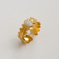 Bague tournesol ajustable en acier doré avec un insert ovale blanc effet nacre - Ouvert Réglable / Couture en Éventail Ovale Blanc (63) / Or