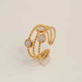 Anello aperto dorato con texture a corda e tre inserti di pietre quadrate bianche - Aperto Regolabile / Tre Quadrati Bianchi Geometrici (121) / Oro